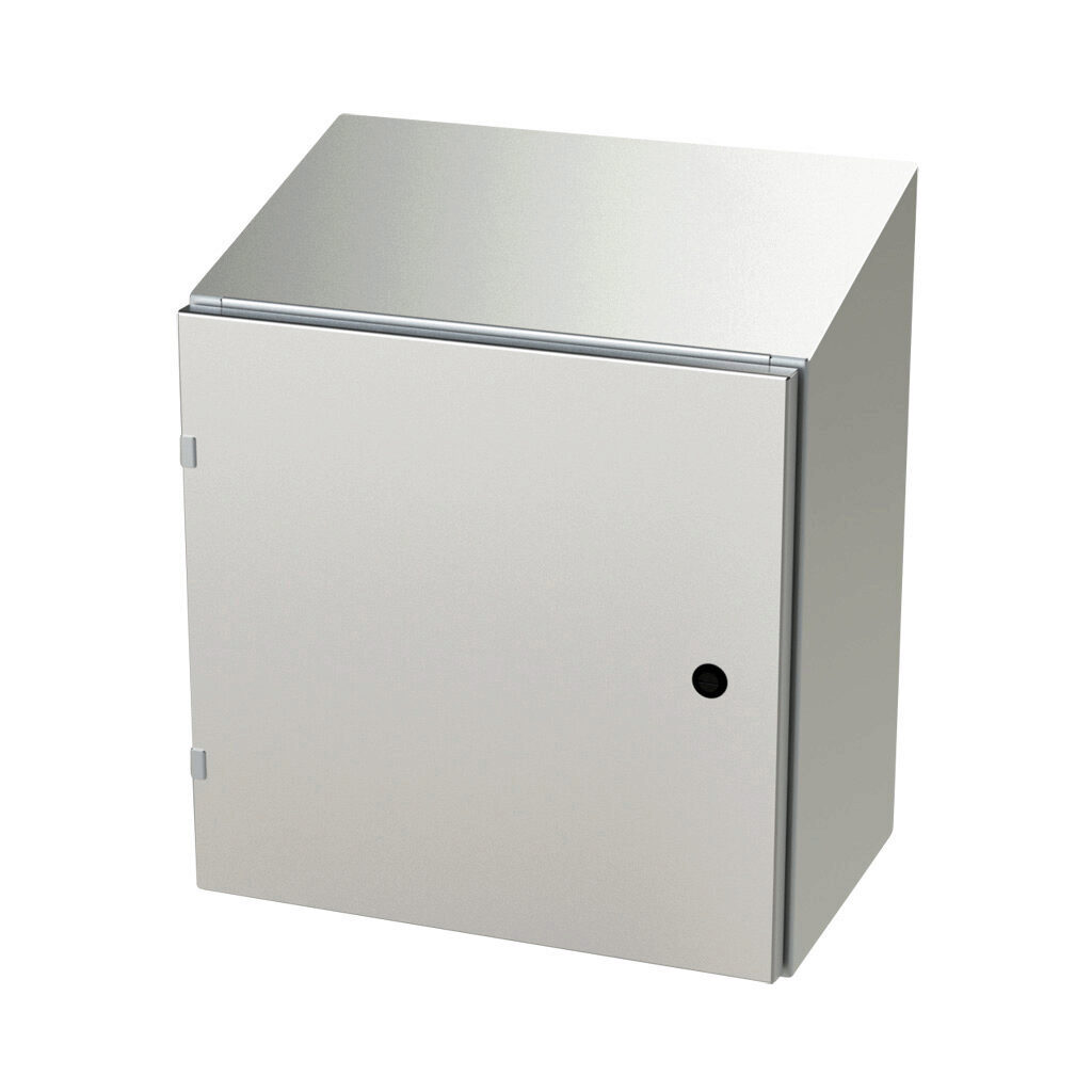 SCE-20EL2012SSST - Saginaw Enviroline series enclosure, slope top, NEMA 3R/4/4X/12/13, 20 x 20 x 12in (HxWxD), wall mount, 304 stainless steel, #4 brush finish, single-door, 1/4-turn semi-flush latch.
