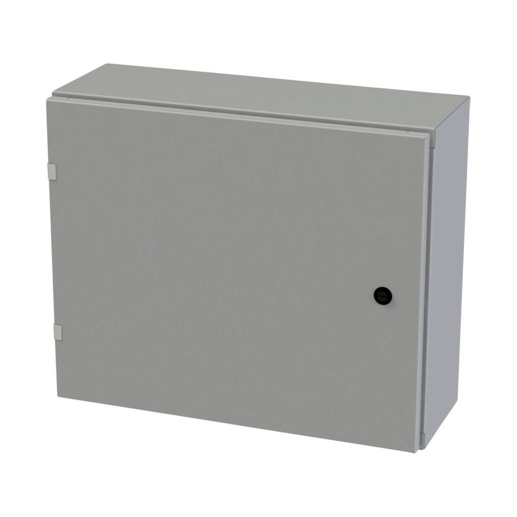 SCE-20EL2408LP - Saginaw Enviroline series enclosure, NEMA 3R/4/12/13, 20 x 24 x 8in (HxWxD), wall mount, carbon steel, ANSI 61 gray, powder coat finish, single-door, 1/4-turn semi-flush latch.