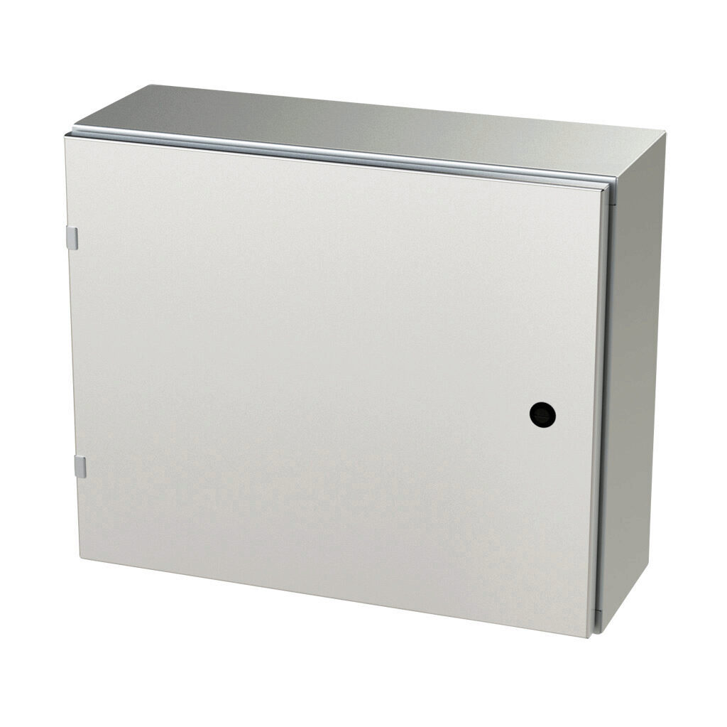 SCE-20EL2408SS6LP - Saginaw Enviroline series enclosure, NEMA 3R/4/4X/12/13, 20 x 24 x 8in (HxWxD), wall mount, 316L stainless steel, #4 brush finish, single-door, 1/4-turn semi-flush latch.