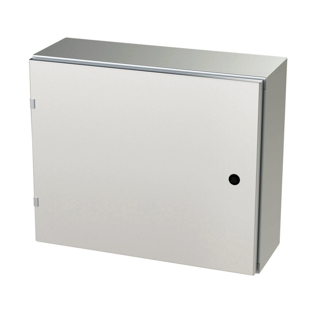 SCE-20EL2408SSLP - Saginaw Enviroline series enclosure, NEMA 3R/4/4X/12/13, 20 x 24 x 8in (HxWxD), wall mount, 304 stainless steel, #4 brush finish, single-door, 1/4-turn semi-flush latch.