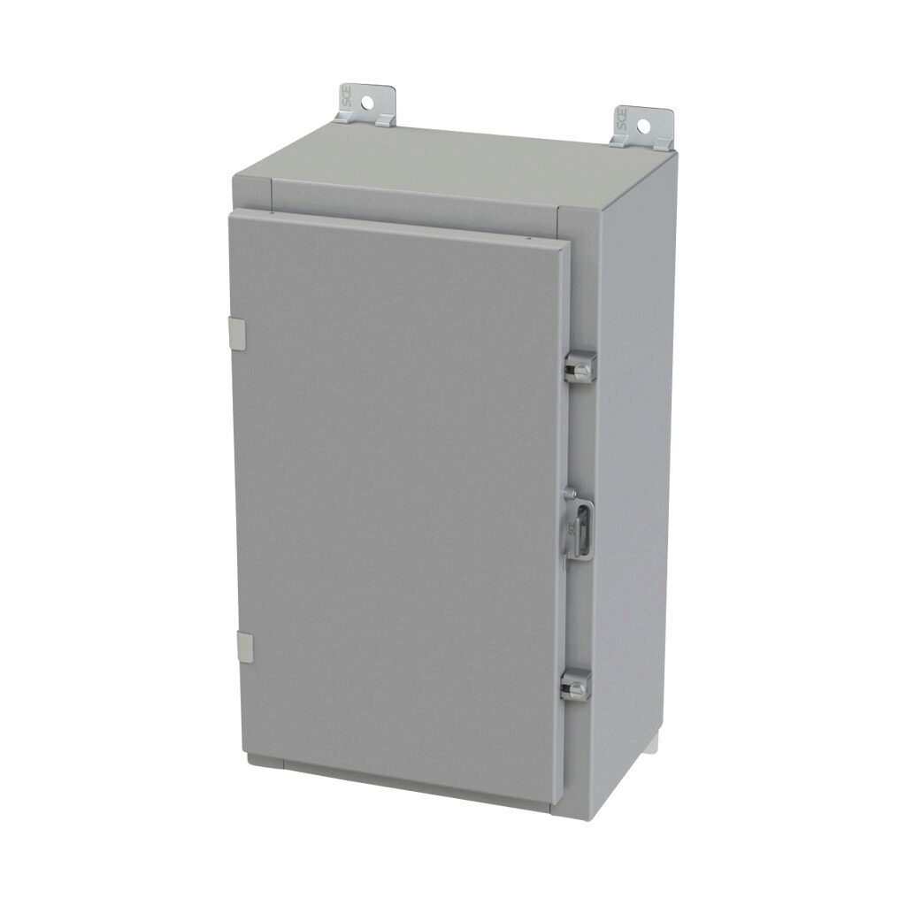 SCE-20H1208LP - Saginaw enclosure, NEMA 3R/4/12/13, 20 x 12 x 8in (HxWxD), wall mount, carbon steel, ANSI 61 gray, powder coat finish, single-door, plated steel clamps, padlock hasp and staple.