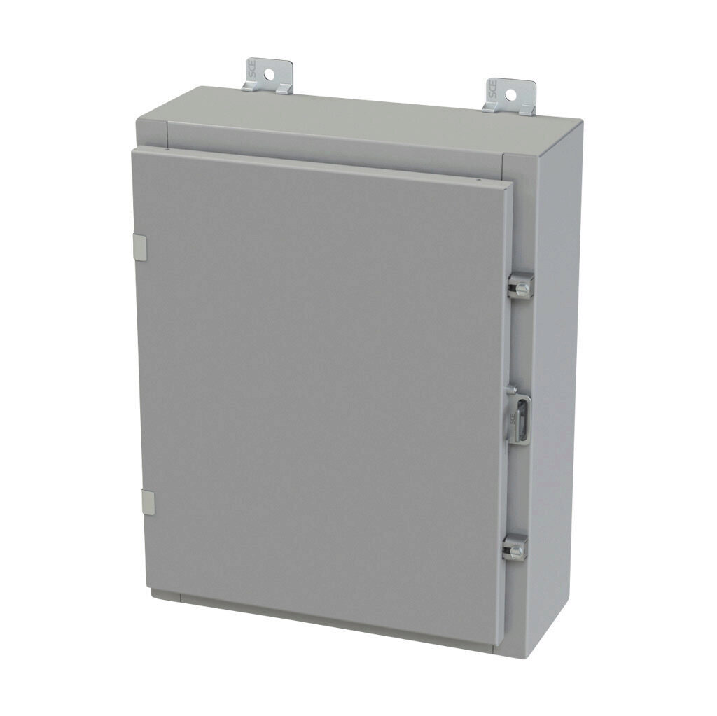 SCE-20H1606LP - Saginaw enclosure, NEMA 3R/4/12/13, 20 x 16 x 6in (HxWxD), wall mount, carbon steel, ANSI 61 gray, powder coat finish, single-door, plated steel clamps, padlock hasp and staple.