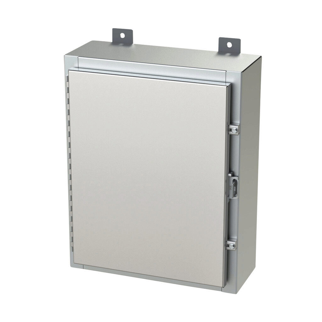 SCE-20H1606SS6LP - Saginaw enclosure, NEMA 3R/4/4X/12/13, 20 x 16 x 6in (HxWxD), wall mount, 316L stainless steel, #4 brush finish, single-door, stainless steel clamps, padlock hasp and staple.