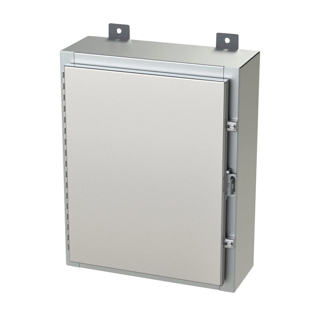 SCE-20H1606SSLP - Saginaw enclosure, NEMA 3R/4/4X/12/13, 20 x 16 x 6in (HxWxD), wall mount, 304 stainless steel, #4 brush finish, single-door, stainless steel clamps, padlock hasp and staple.