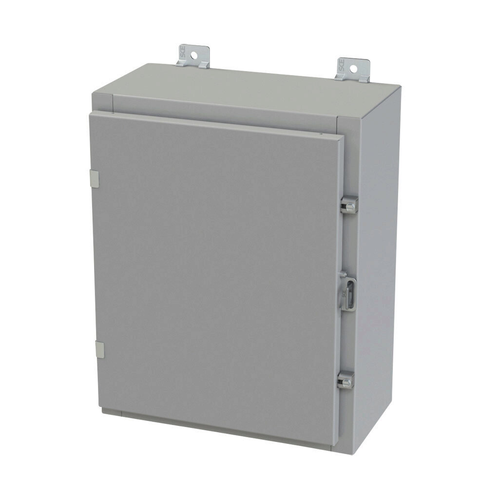 SCE-20H1608LP - Saginaw enclosure, NEMA 3R/4/12/13, 20 x 16 x 8in (HxWxD), wall mount, carbon steel, ANSI 61 gray, powder coat finish, single-door, plated steel clamps, padlock hasp and staple.