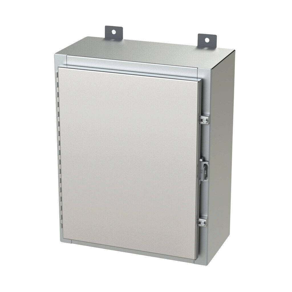 SCE-20H1608SS6LP - Saginaw enclosure, NEMA 3R/4/4X/12/13, 20 x 16 x 8in (HxWxD), wall mount, 316L stainless steel, #4 brush finish, single-door, stainless steel clamps, padlock hasp and staple.