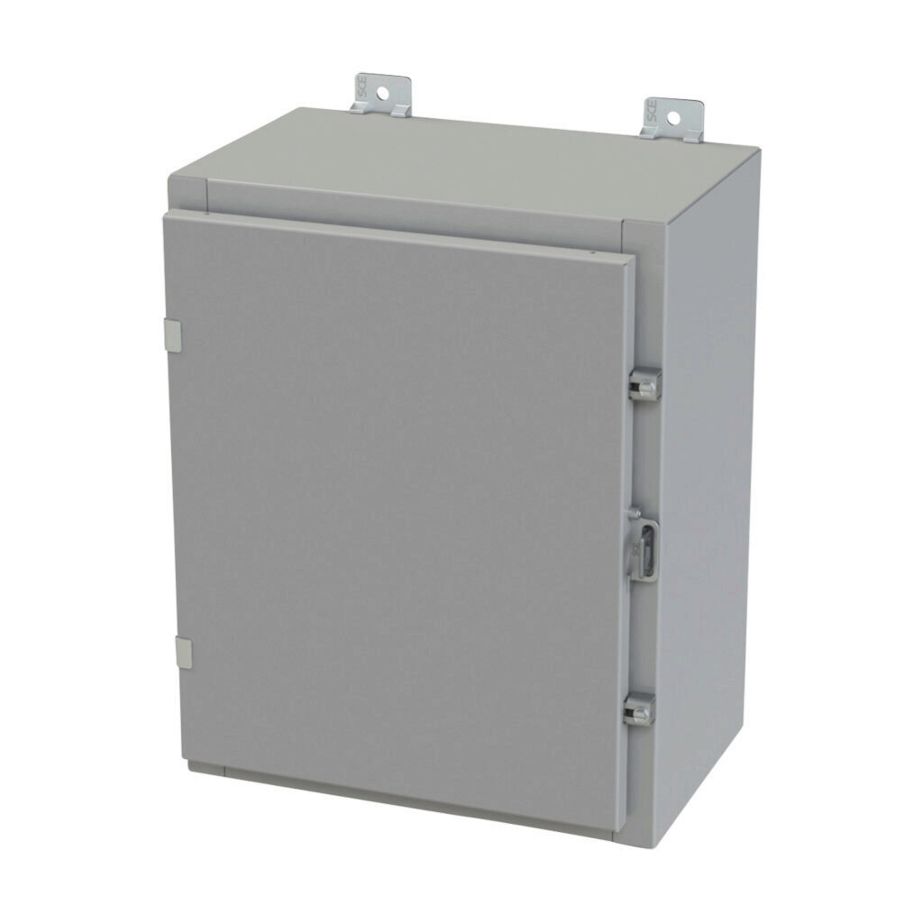 SCE-20H1610LP - Saginaw enclosure, NEMA 3R/4/12/13, 20 x 16 x 10in (HxWxD), wall mount, carbon steel, ANSI 61 gray, powder coat finish, single-door, plated steel clamps, padlock hasp and staple.
