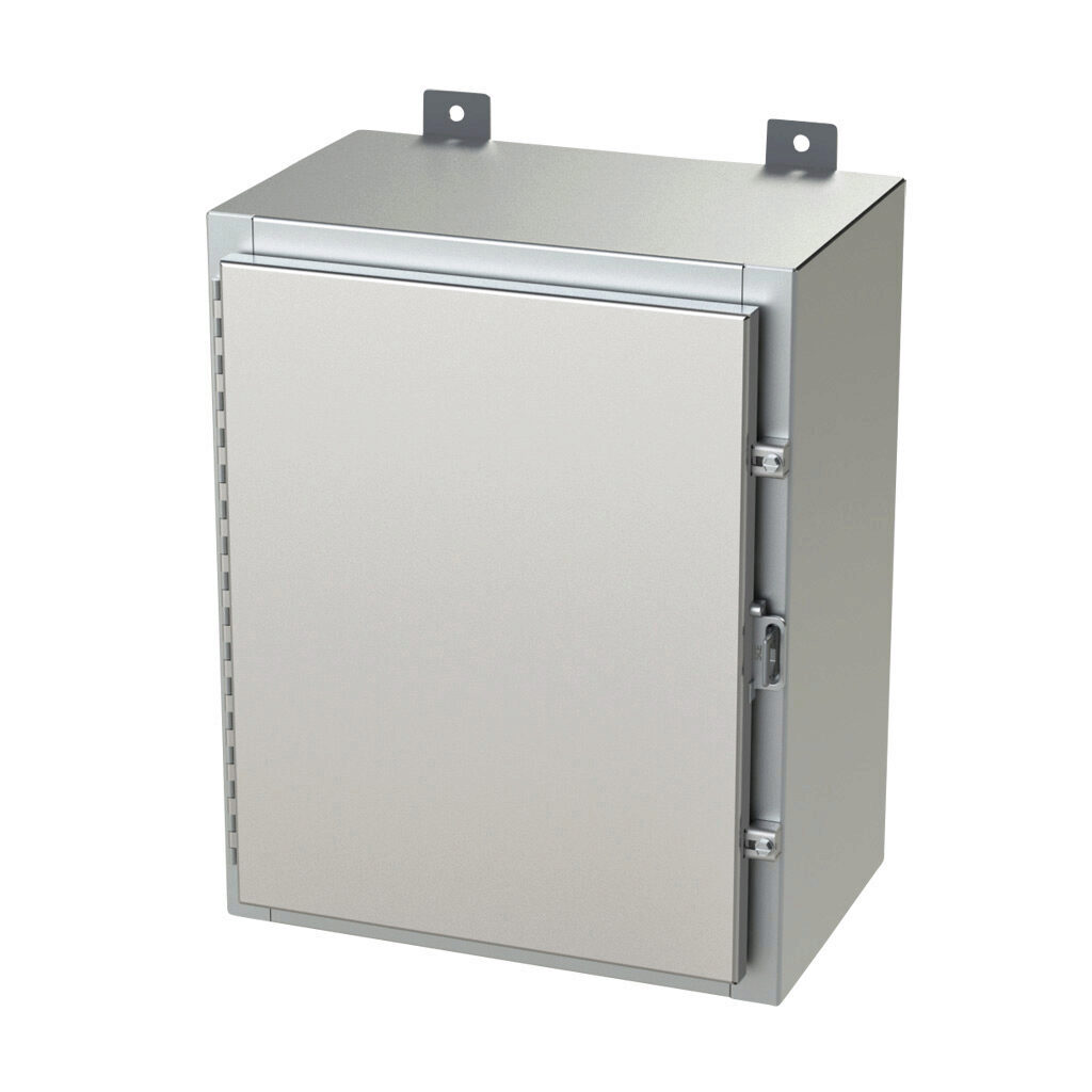 SCE-20H1610SS6LP - Saginaw enclosure, NEMA 3R/4/4X/12/13, 20 x 16 x 10in (HxWxD), wall mount, 316L stainless steel, #4 brush finish, single-door, stainless steel clamps, padlock hasp and staple.