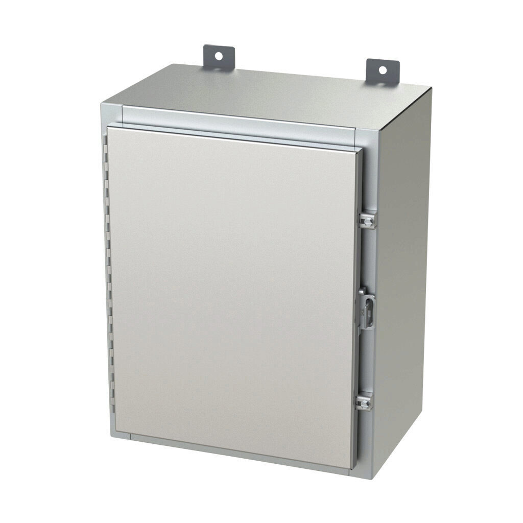 SCE-20H1610SSLP - Saginaw enclosure, NEMA 3R/4/4X/12/13, 20 x 16 x 10in (HxWxD), wall mount, 304 stainless steel, #4 brush finish, single-door, stainless steel clamps, padlock hasp and staple.