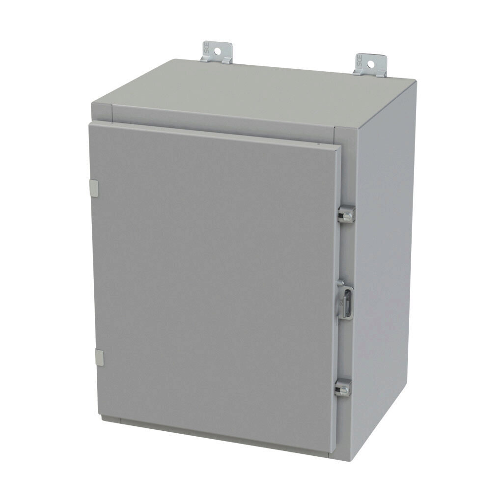 SCE-20H1612LP - Saginaw enclosure, NEMA 3R/4/12/13, 20 x 16 x 12in (HxWxD), wall mount, carbon steel, ANSI 61 gray, powder coat finish, single-door, plated steel clamps, padlock hasp and staple.