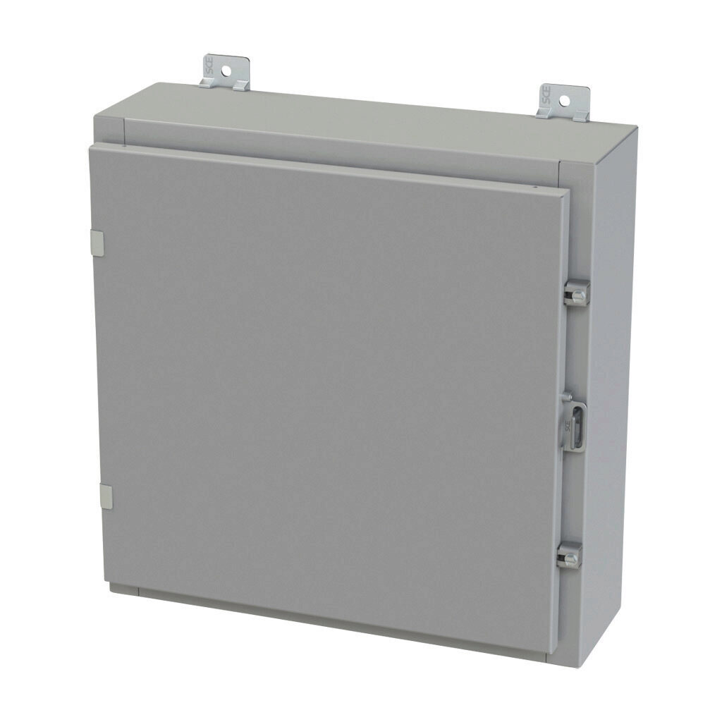 SCE-20H2006LP - Saginaw enclosure, NEMA 3R/4/12/13, 20 x 20 x 6in (HxWxD), wall mount, carbon steel, ANSI 61 gray, powder coat finish, single-door, plated steel clamps, padlock hasp and staple.