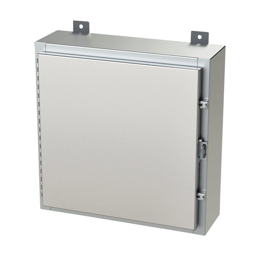 SCE-20H2006SS6LP - Saginaw enclosure, NEMA 3R/4/4X/12/13, 20 x 20 x 6in (HxWxD), wall mount, 316L stainless steel, #4 brush finish, single-door, stainless steel clamps, padlock hasp and staple.