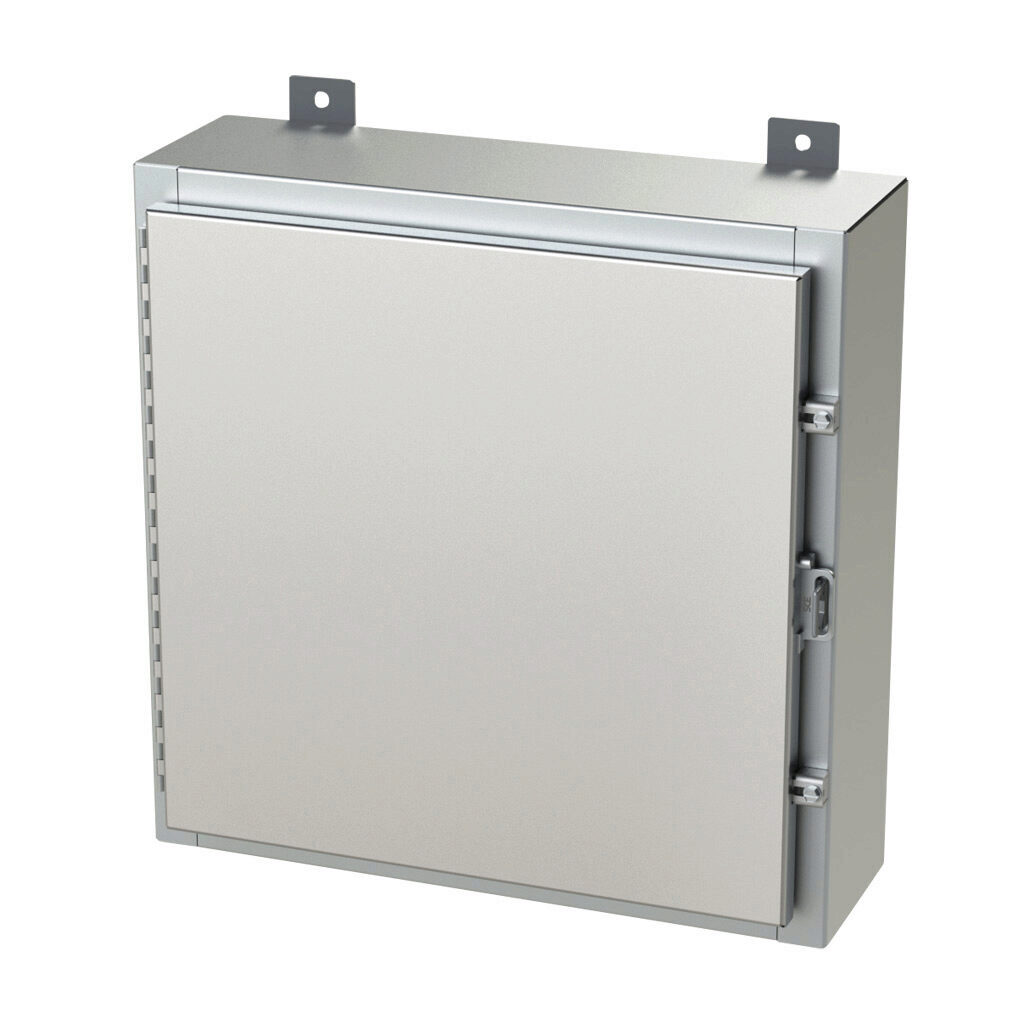 SCE-20H2006SSLP - Saginaw enclosure, NEMA 3R/4/4X/12/13, 20 x 20 x 6in (HxWxD), wall mount, 304 stainless steel, #4 brush finish, single-door, stainless steel clamps, padlock hasp and staple.