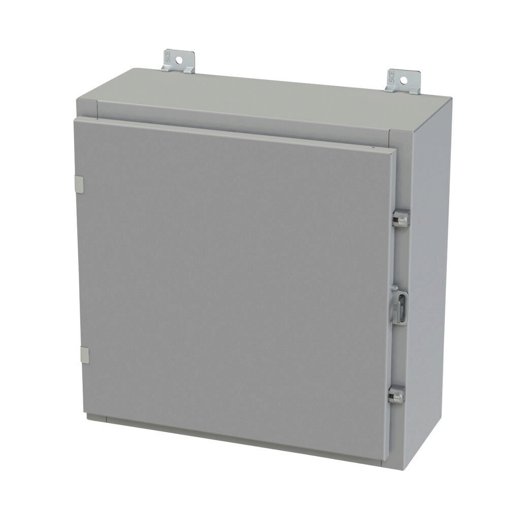 SCE-20H2008LP - Saginaw enclosure, NEMA 3R/4/12/13, 20 x 20 x 8in (HxWxD), wall mount, carbon steel, ANSI 61 gray, powder coat finish, single-door, plated steel clamps, padlock hasp and staple.