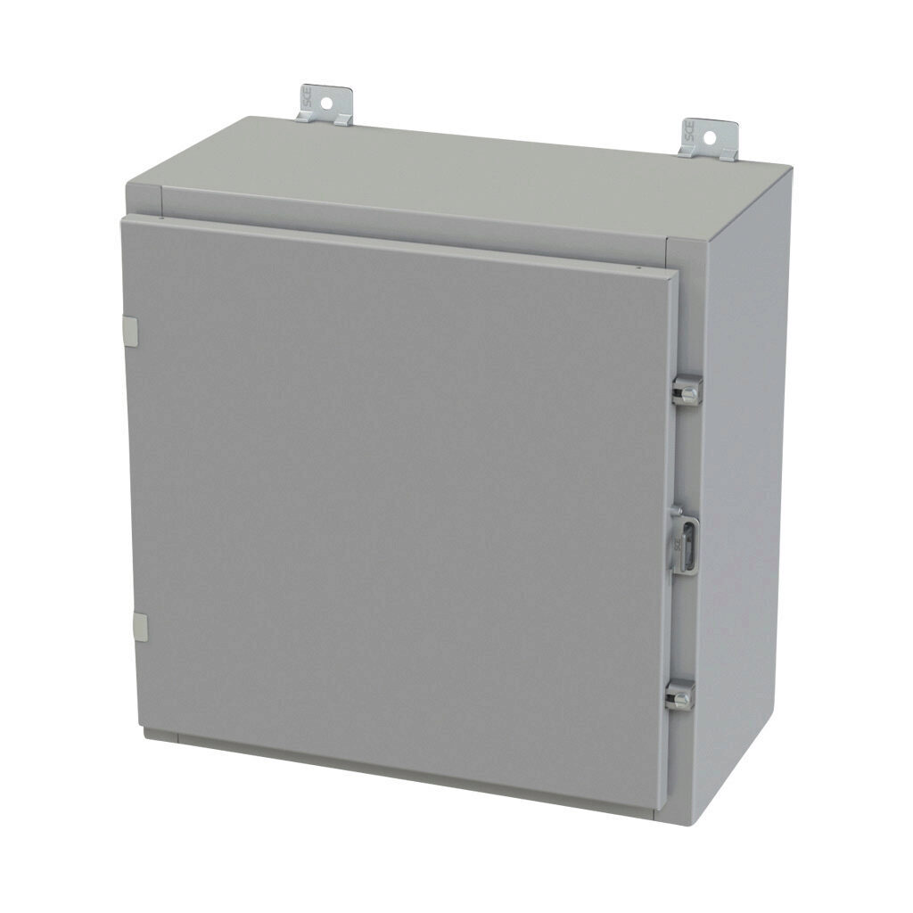 SCE-20H2010LP - Saginaw enclosure, NEMA 3R/4/12/13, 20 x 20 x 10in (HxWxD), wall mount, carbon steel, ANSI 61 gray, powder coat finish, single-door, plated steel clamps, padlock hasp and staple.
