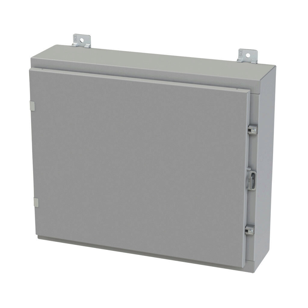 SCE-20H2406LP - Saginaw enclosure, NEMA 3R/4/12/13, 20 x 24 x 6in (HxWxD), wall mount, carbon steel, ANSI 61 gray, powder coat finish, single-door, plated steel clamps, padlock hasp and staple.