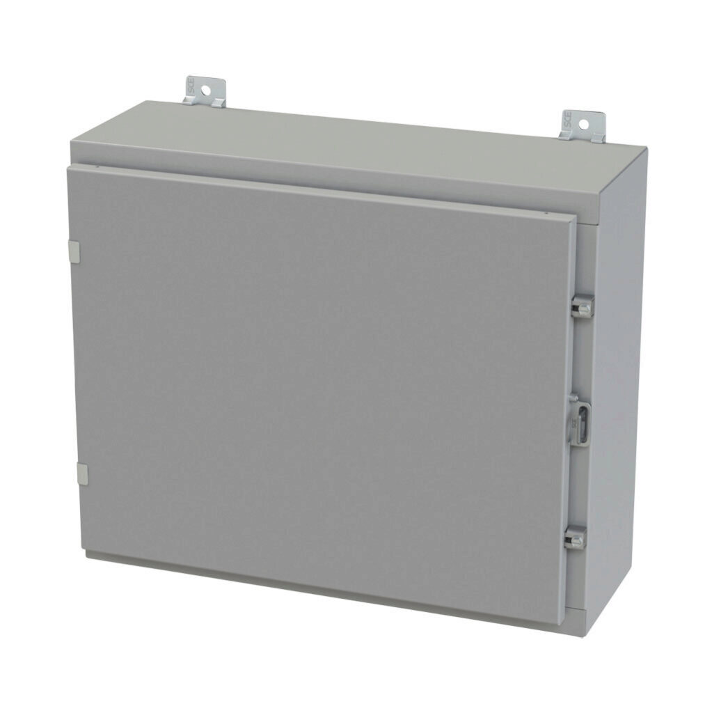 SCE-20H2408LP - Saginaw enclosure, NEMA 3R/4/12/13, 20 x 24 x 8in (HxWxD), wall mount, carbon steel, ANSI 61 gray, powder coat finish, single-door, plated steel clamps, padlock hasp and staple.