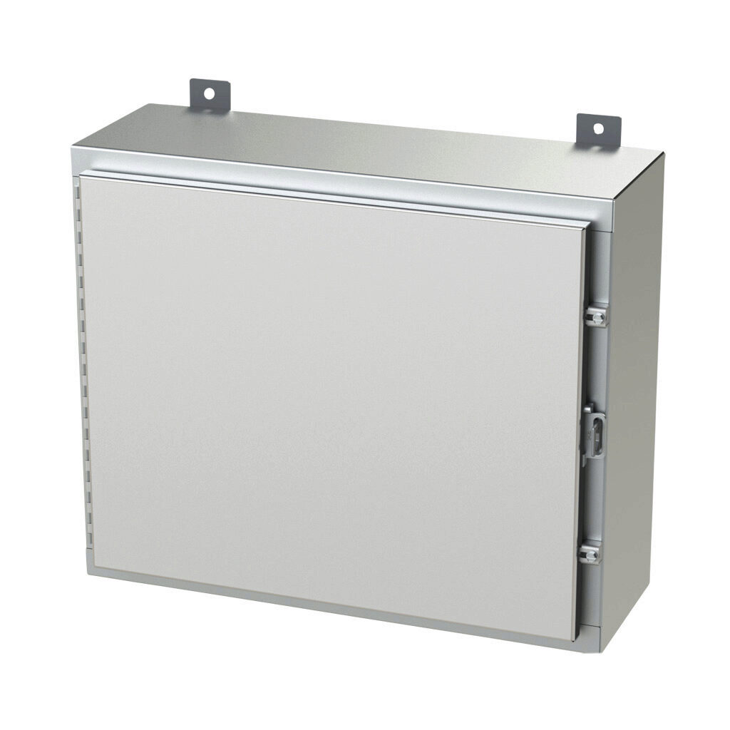 SCE-20H2408SS6LP - Saginaw enclosure, NEMA 3R/4/4X/12/13, 20 x 24 x 8in (HxWxD), wall mount, 316L stainless steel, #4 brush finish, single-door, stainless steel clamps, padlock hasp and staple.