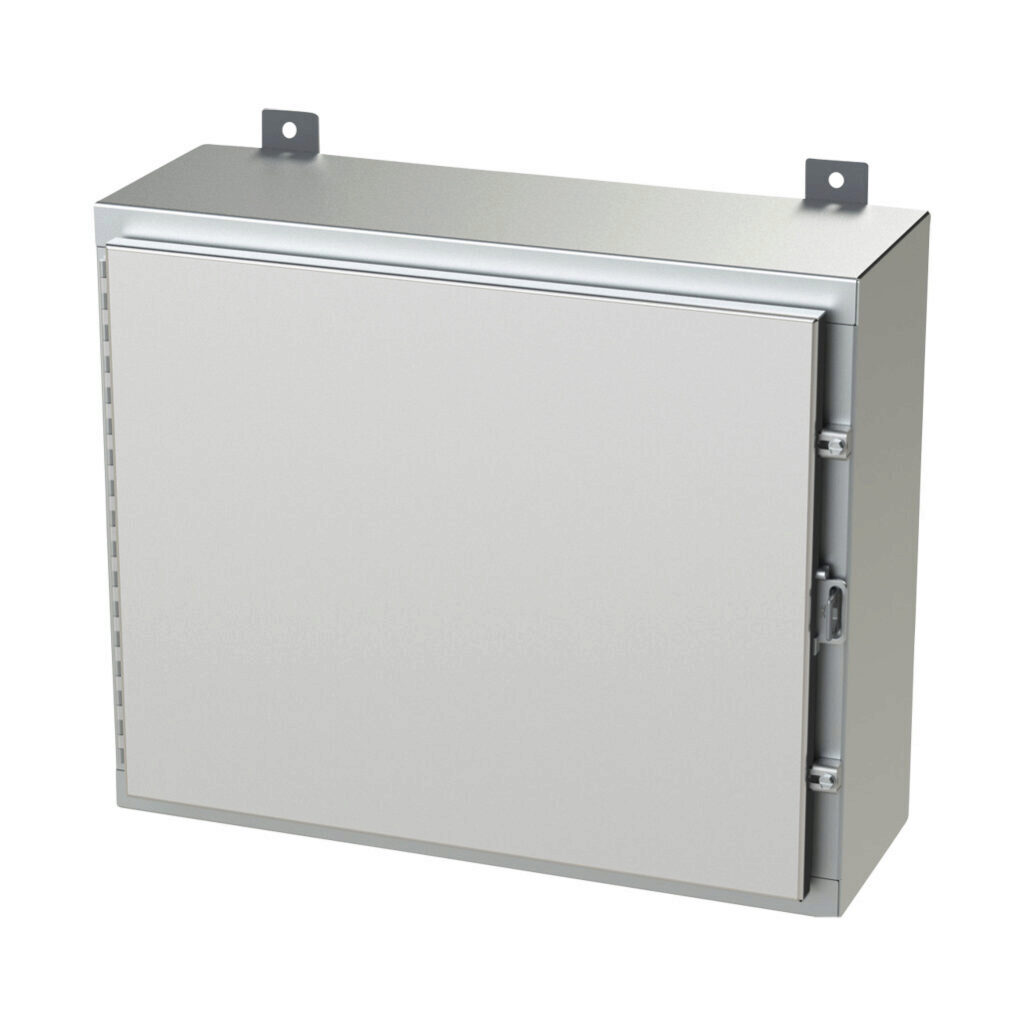 SCE-20H2408SSLP - Saginaw enclosure, NEMA 3R/4/4X/12/13, 20 x 24 x 8in (HxWxD), wall mount, 304 stainless steel, #4 brush finish, single-door, stainless steel clamps, padlock hasp and staple.