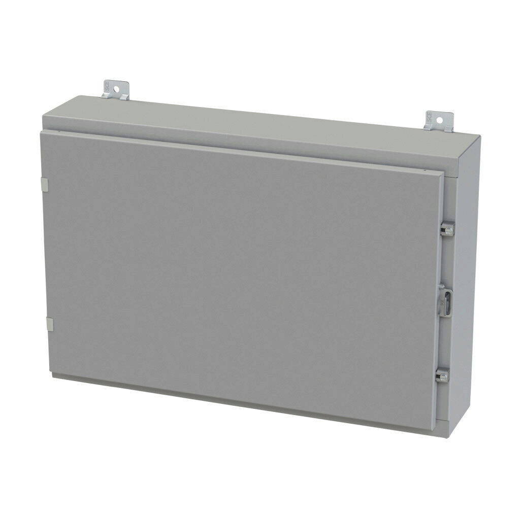 SCE-20H3006LP - Saginaw enclosure, NEMA 3R/4/12/13, 20 x 30 x 6in (HxWxD), wall mount, carbon steel, ANSI 61 gray, powder coat finish, single-door, plated steel clamps, padlock hasp and staple.