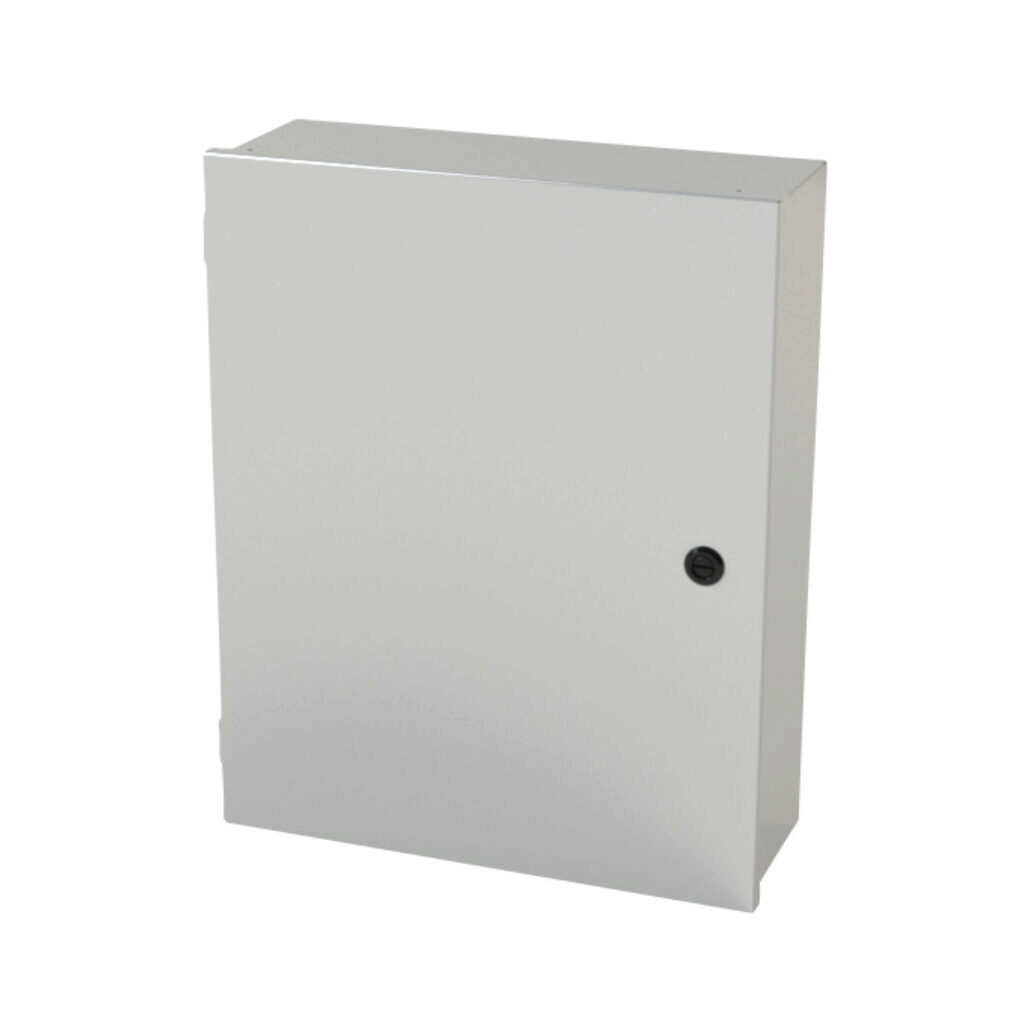 SCE-20N1606LP - Saginaw enclosure, NEMA 1, 20 x 16 x 6in (HxWxD), wall mount, carbon steel, ANSI 61 gray, powder coat finish, single-door, 1/4-turn semi-flush latch.
