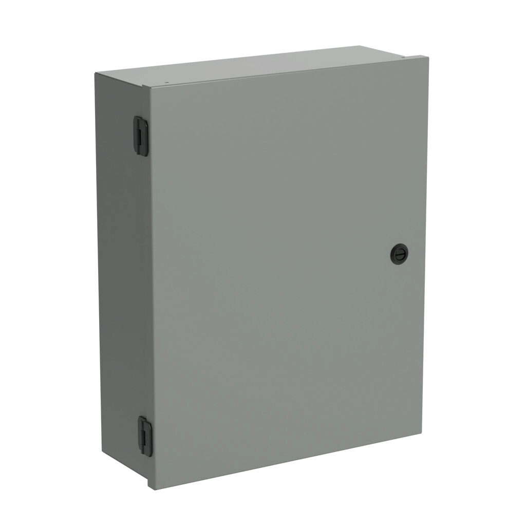 SCE-20N1606NKLP - Saginaw enclosure, NEMA 1, 20 x 16 x 6in (HxWxD), wall mount, with knockouts, carbon steel, ANSI 61 gray, powder coat finish, single-door, 1/4-turn semi-flush latch.