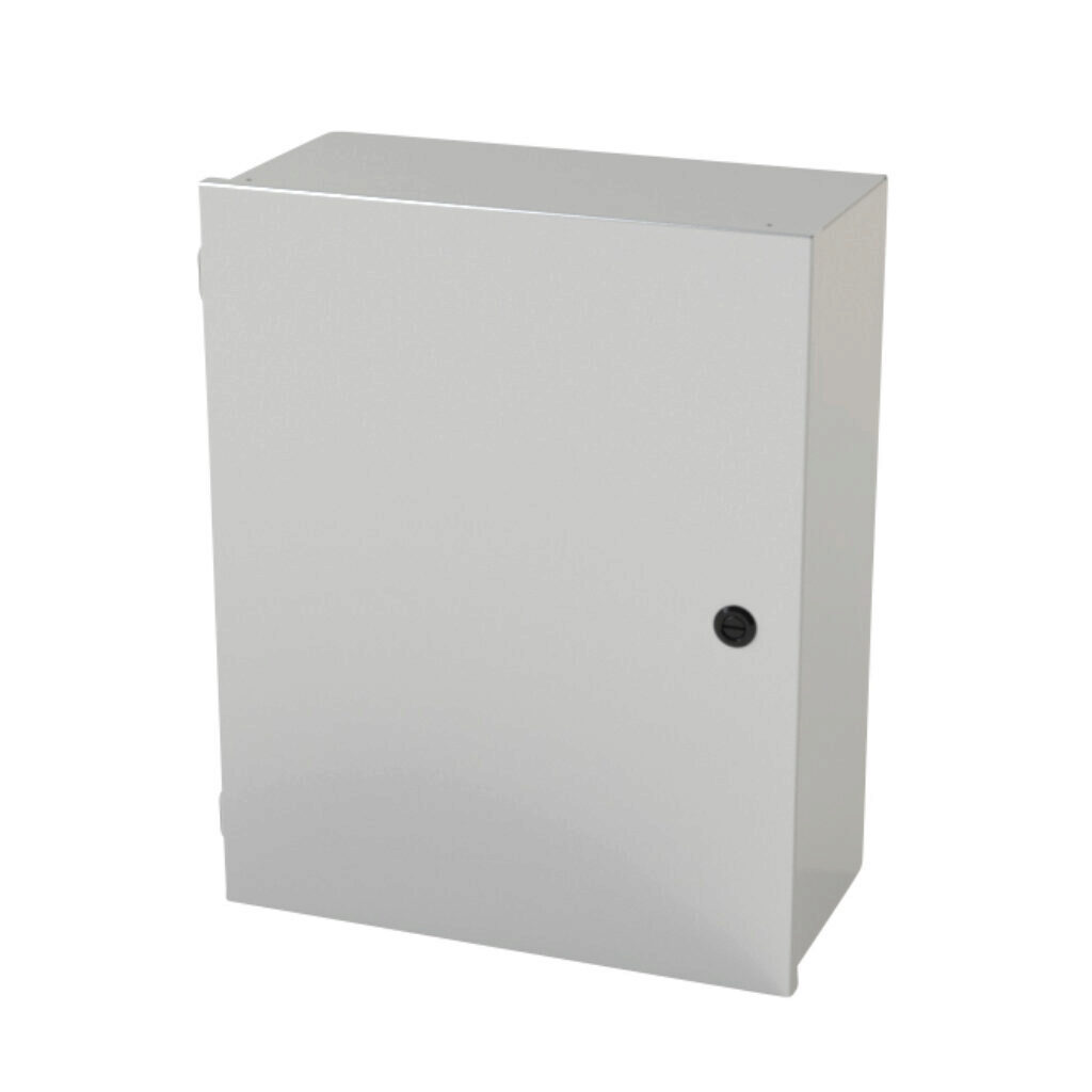 SCE-20N1608LP - Saginaw enclosure, NEMA 1, 20 x 16 x 8in (HxWxD), wall mount, carbon steel, ANSI 61 gray, powder coat finish, single-door, 1/4-turn semi-flush latch.