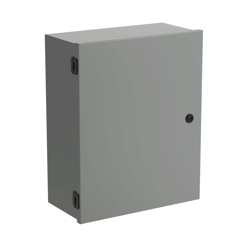 SCE-20N1608NKLP - Saginaw enclosure, NEMA 1, 20 x 16 x 8in (HxWxD), wall mount, with knockouts, carbon steel, ANSI 61 gray, powder coat finish, single-door, 1/4-turn semi-flush latch.