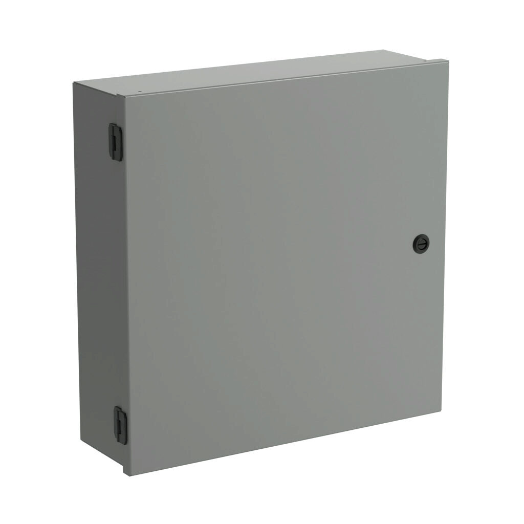 SCE-20N2006NKLP - Saginaw enclosure, NEMA 1, 20 x 20 x 6in (HxWxD), wall mount, with knockouts, carbon steel, ANSI 61 gray, powder coat finish, single-door, 1/4-turn semi-flush latch.