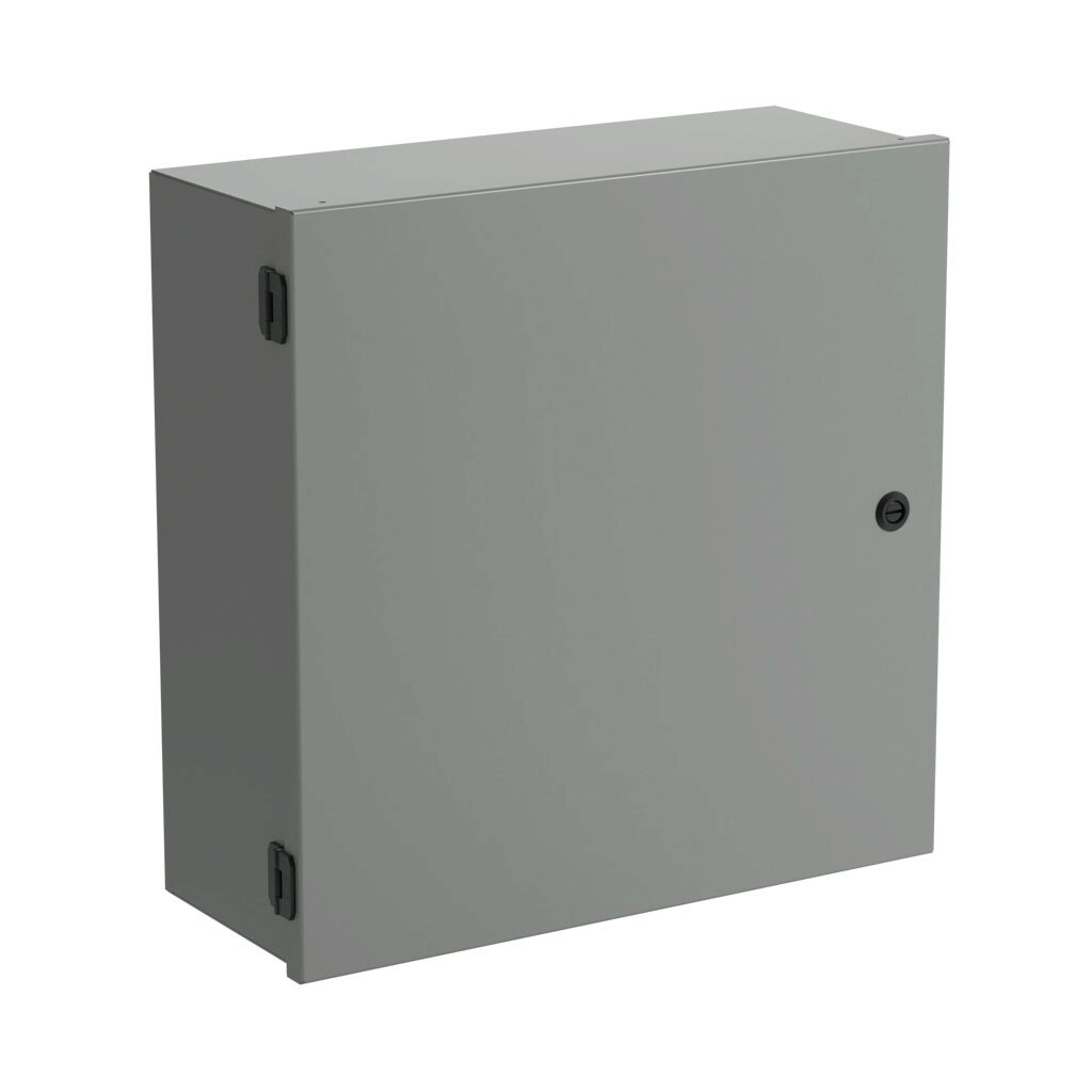 SCE-20N2008NKLP - Saginaw enclosure, NEMA 1, 20 x 20 x 8in (HxWxD), wall mount, with knockouts, carbon steel, ANSI 61 gray, powder coat finish, single-door, 1/4-turn semi-flush latch.