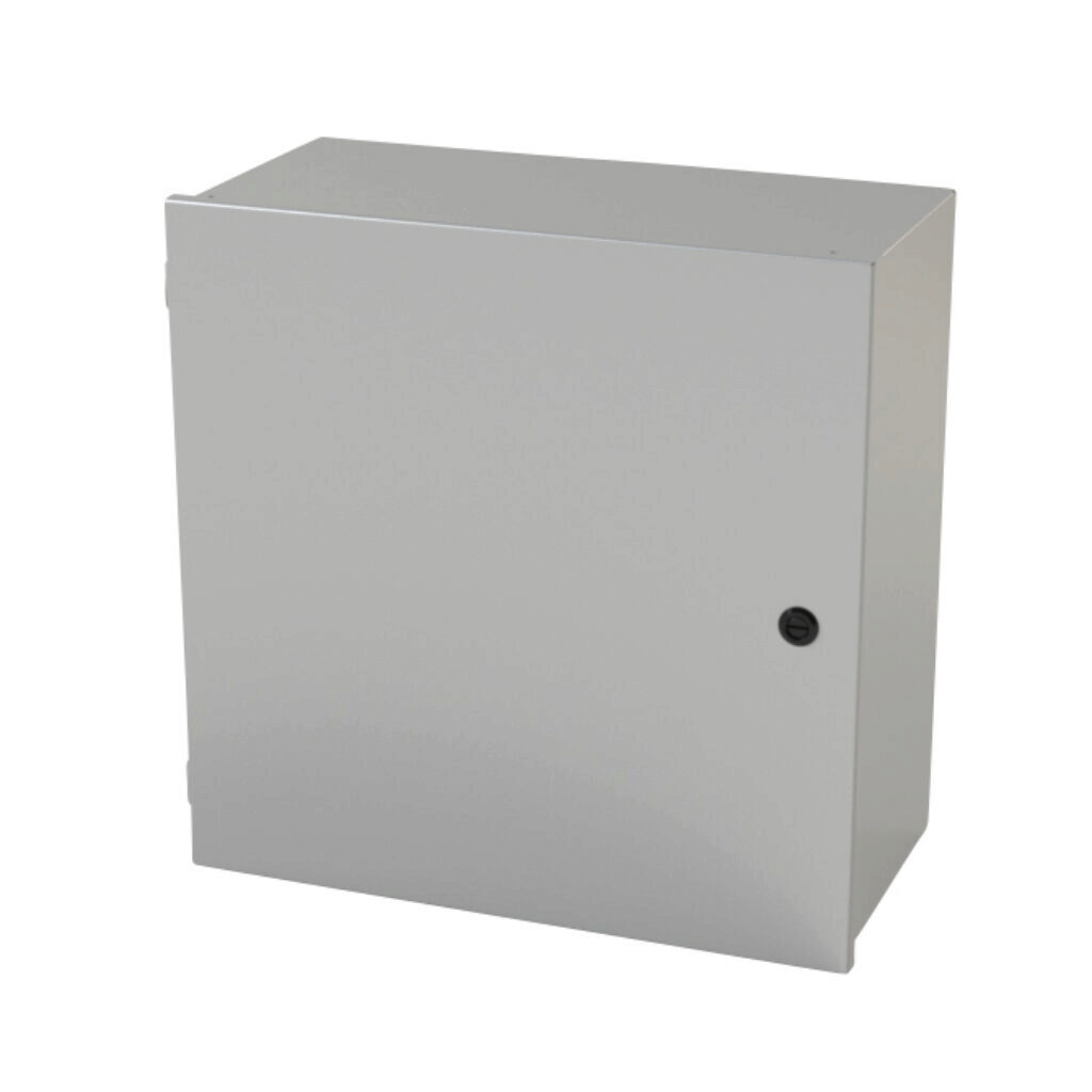 SCE-20N2010LP - Saginaw enclosure, NEMA 1, 20 x 20 x 10in (HxWxD), wall mount, carbon steel, ANSI 61 gray, powder coat finish, single-door, 1/4-turn semi-flush latch.