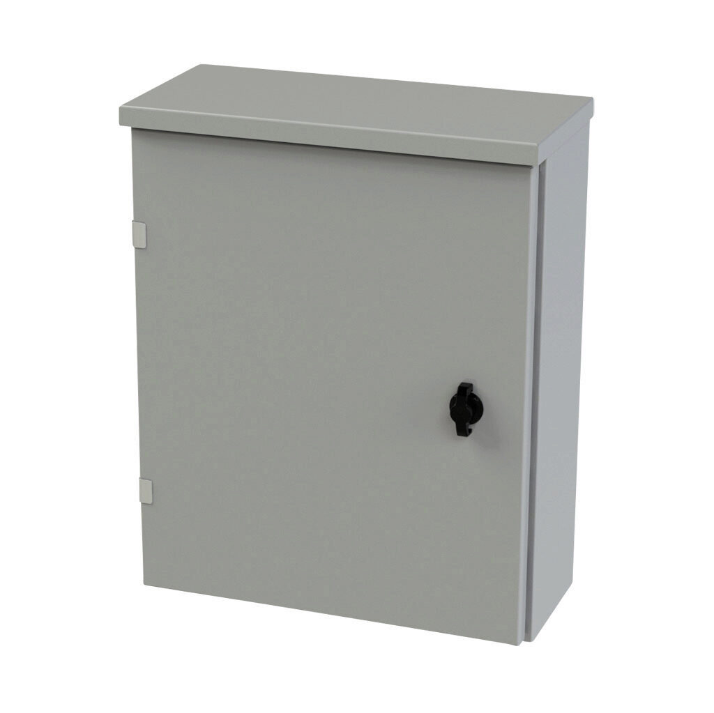 SCE-20R1606LP - Saginaw enclosure, NEMA 3R, 20 x 16 x 6in (HxWxD), wall mount, carbon steel, ANSI 61 gray, powder coat finish, single-door, 1/4-turn padlocking wing handle.