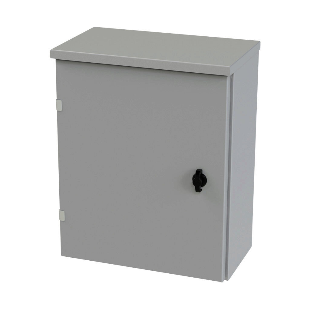 SCE-20R1608LP - Saginaw enclosure, NEMA 3R, 20 x 16 x 8in (HxWxD), wall mount, carbon steel, ANSI 61 gray, powder coat finish, single-door, 1/4-turn padlocking wing handle.