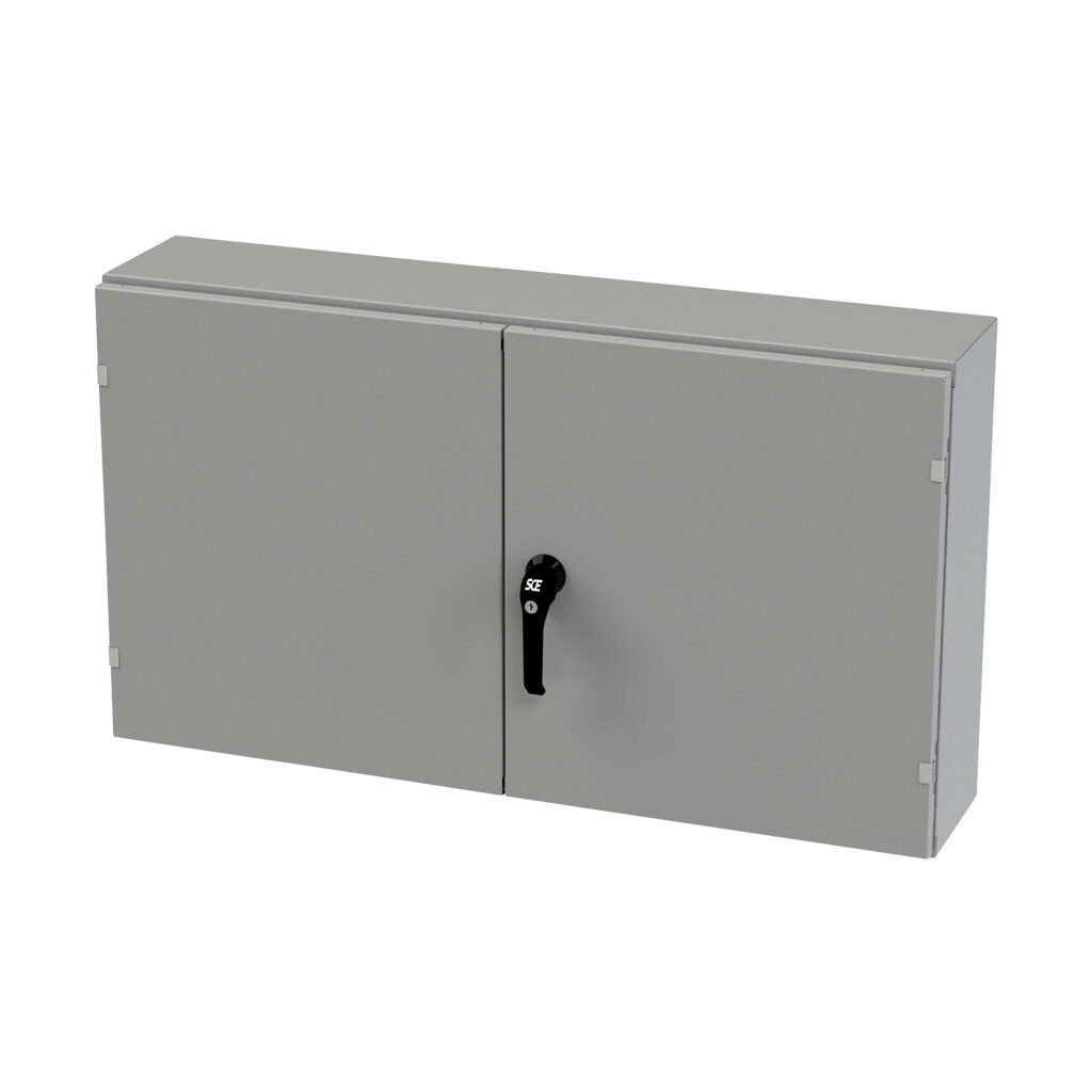 SCE-244208WFLP - Saginaw enclosure, NEMA 3R/12/13, 24 x 42 x 8in (HxWxD), wall mount, carbon steel, ANSI 61 gray, powder coat finish, double-door, 3-point keylocking/padlocking combo handle.