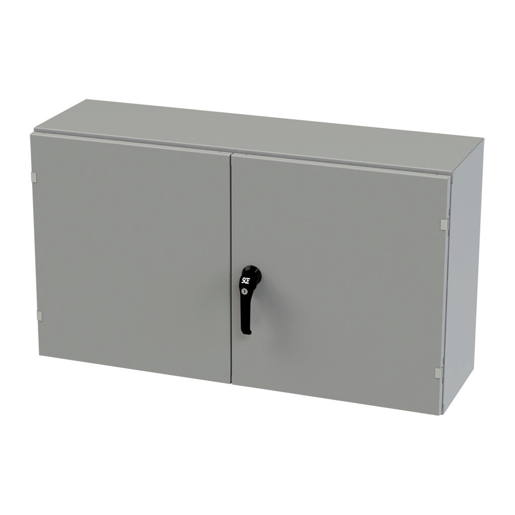 SCE-244212WFLP - Saginaw enclosure, NEMA 3R/12/13, 24 x 42 x 12in (HxWxD), wall mount, carbon steel, ANSI 61 gray, powder coat finish, double-door, 3-point keylocking/padlocking combo handle.