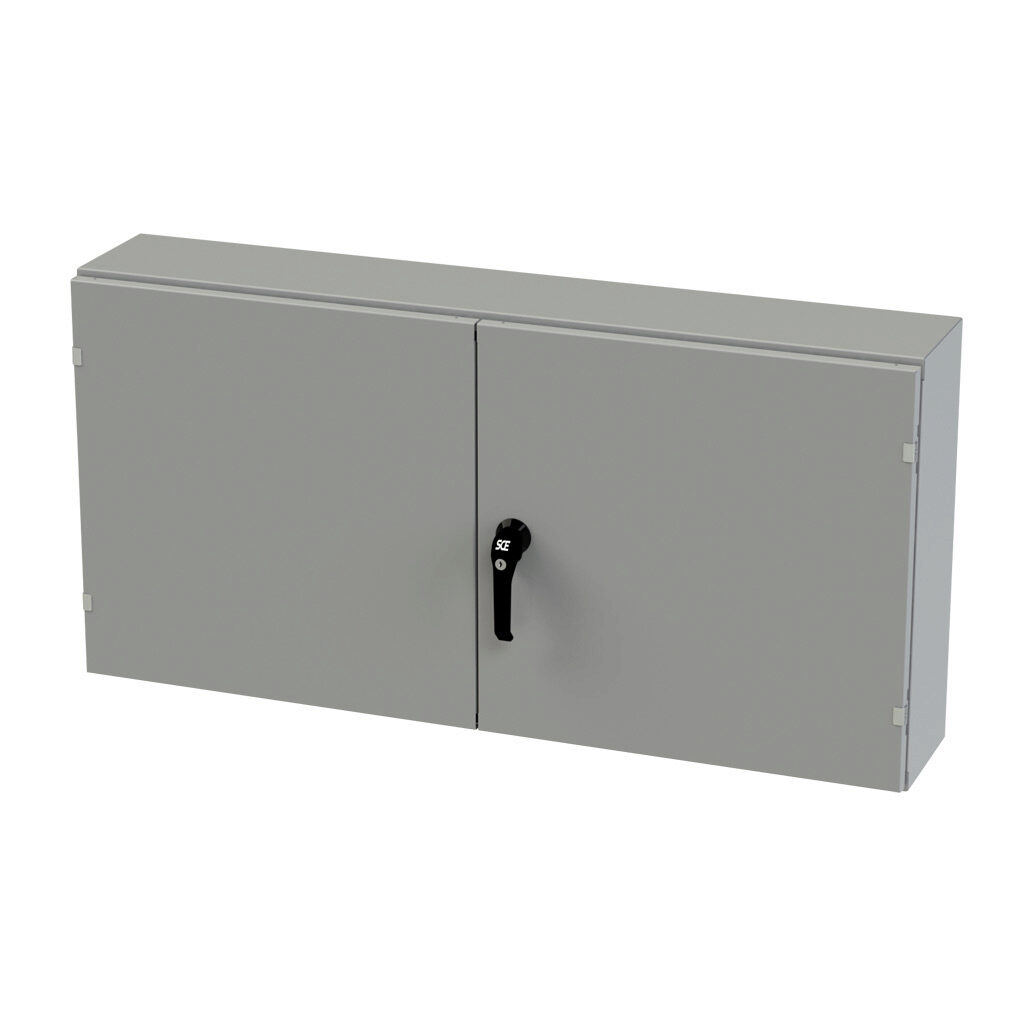 SCE-244808WFLP - Saginaw enclosure, NEMA 3R/12/13, 24 x 48 x 8in (HxWxD), wall mount, carbon steel, ANSI 61 gray, powder coat finish, double-door, 3-point keylocking/padlocking combo handle.