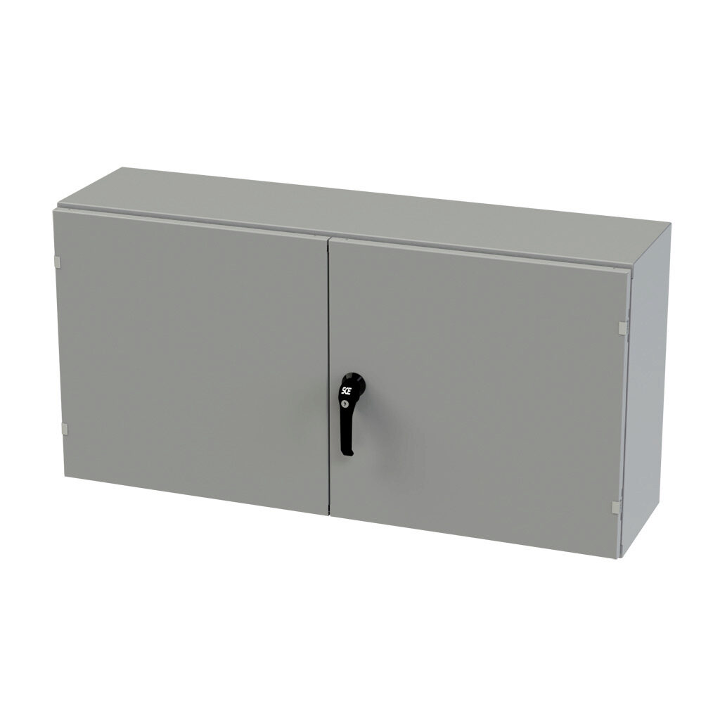 SCE-244812WFLP - Saginaw enclosure, NEMA 3R/12/13, 24 x 48 x 12in (HxWxD), wall mount, carbon steel, ANSI 61 gray, powder coat finish, double-door, 3-point keylocking/padlocking combo handle.