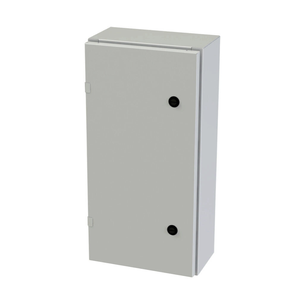 SCE-24EL1206LP - Saginaw Enviroline series enclosure, NEMA 3R/4/12/13, 24 x 12 x 6in (HxWxD), wall mount, carbon steel, ANSI 61 gray, powder coat finish, single-door, 1/4-turn semi-flush latch.