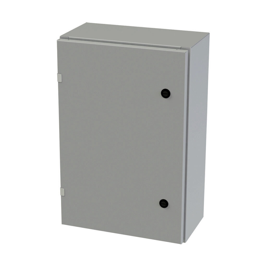 SCE-24EL1608LP - Saginaw Enviroline series enclosure, NEMA 3R/4/12/13, 24 x 16 x 8in (HxWxD), wall mount, carbon steel, ANSI 61 gray, powder coat finish, single-door, 1/4-turn semi-flush latch.