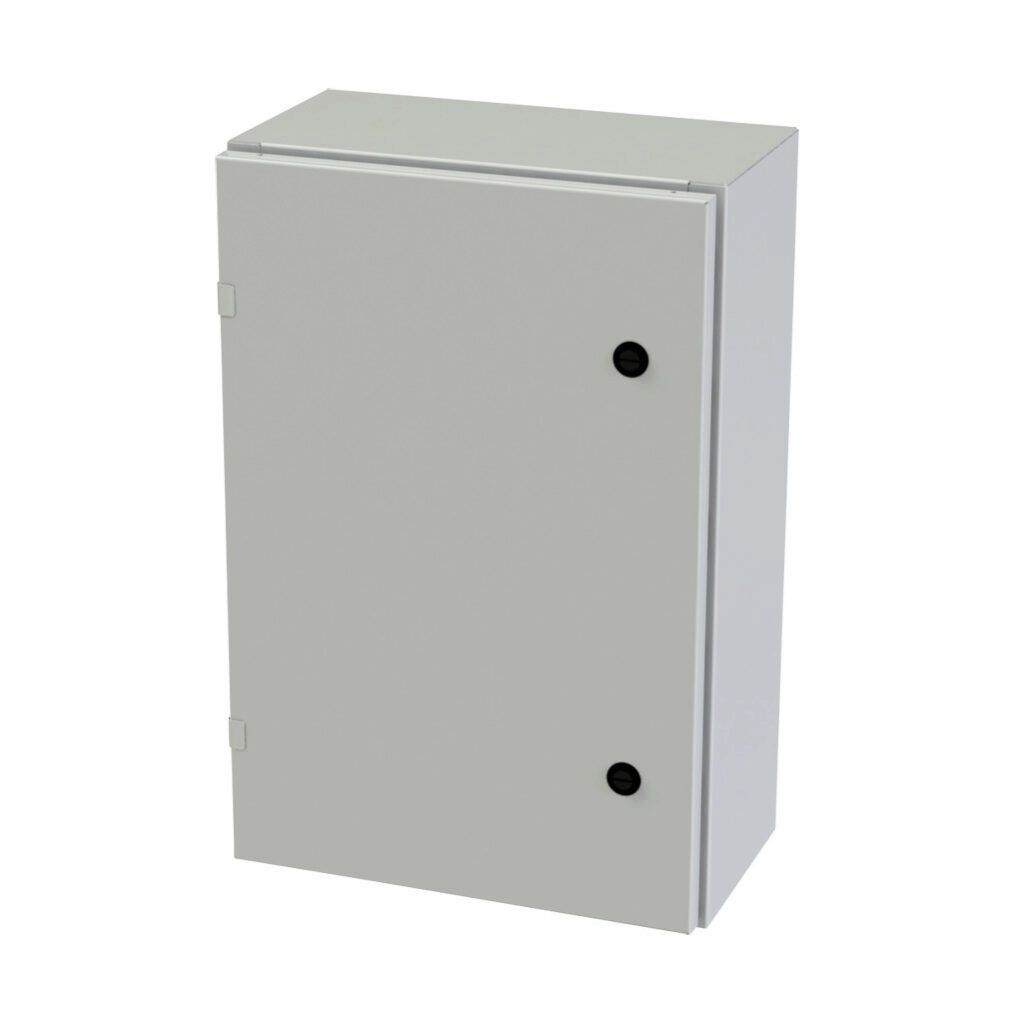 SCE-24EL1608LPLG - Saginaw Enviroline series enclosure, NEMA 3R/4/12/13, 24 x 16 x 8in (HxWxD), wall mount, carbon steel, RAL 7035 light gray, powder coat finish, single-door, 1/4-turn semi-flush latch.