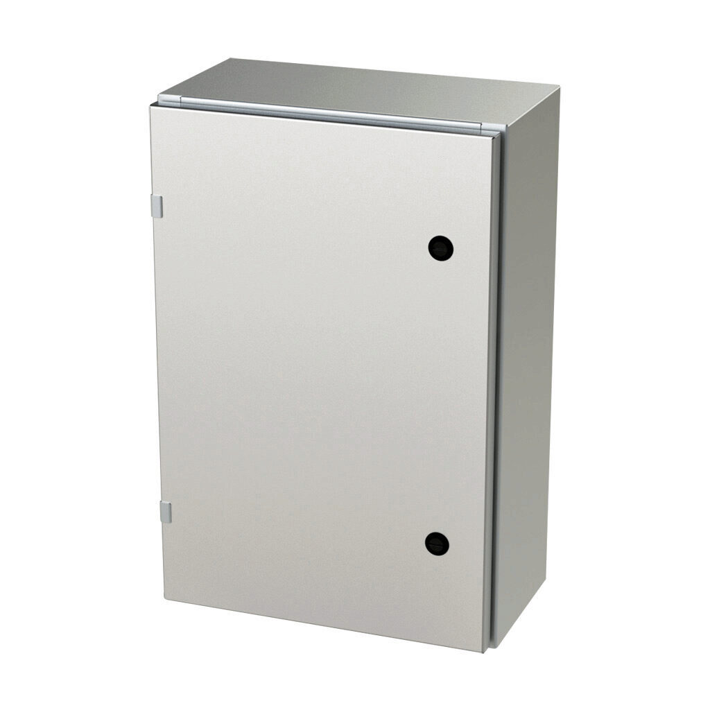 SCE-24EL1608SS6LP - Saginaw Enviroline series enclosure, NEMA 3R/4/4X/12/13, 24 x 16 x 8in (HxWxD), wall mount, 316L stainless steel, #4 brush finish, single-door, 1/4-turn semi-flush latch.