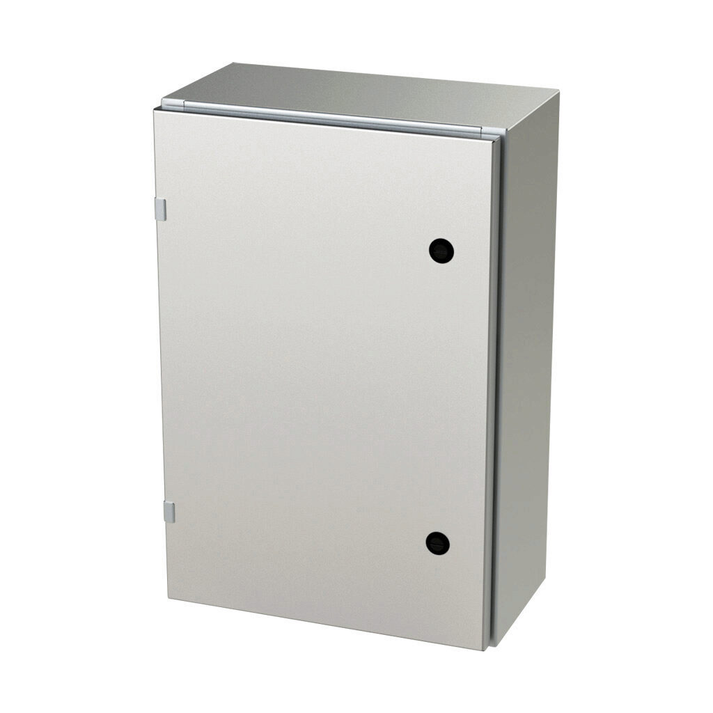 SCE-24EL1608SSLP - Saginaw Enviroline series enclosure, NEMA 3R/4/4X/12/13, 24 x 16 x 8in (HxWxD), wall mount, 304 stainless steel, #4 brush finish, single-door, 1/4-turn semi-flush latch.