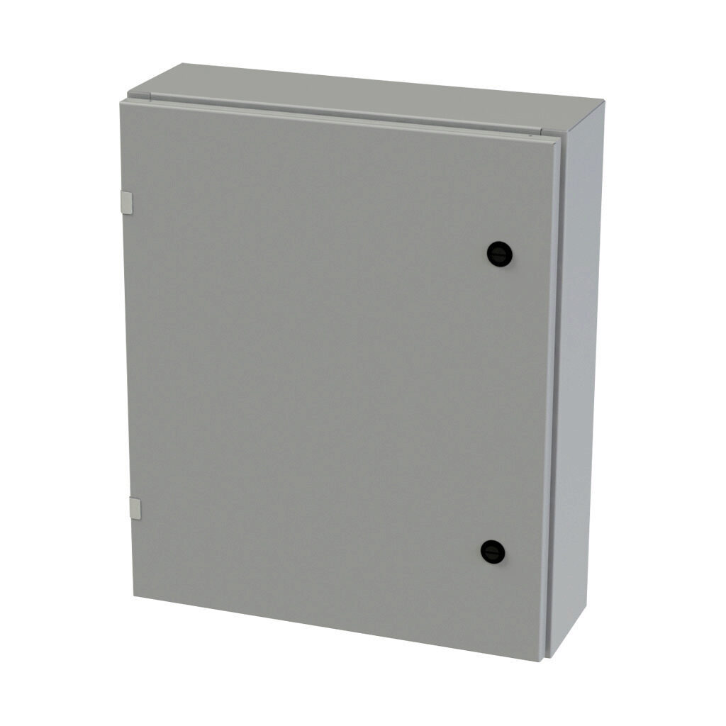 SCE-24EL2006LP - Saginaw Enviroline series enclosure, NEMA 3R/4/12/13, 24 x 20 x 6in (HxWxD), wall mount, carbon steel, ANSI 61 gray, powder coat finish, single-door, 1/4-turn semi-flush latch.