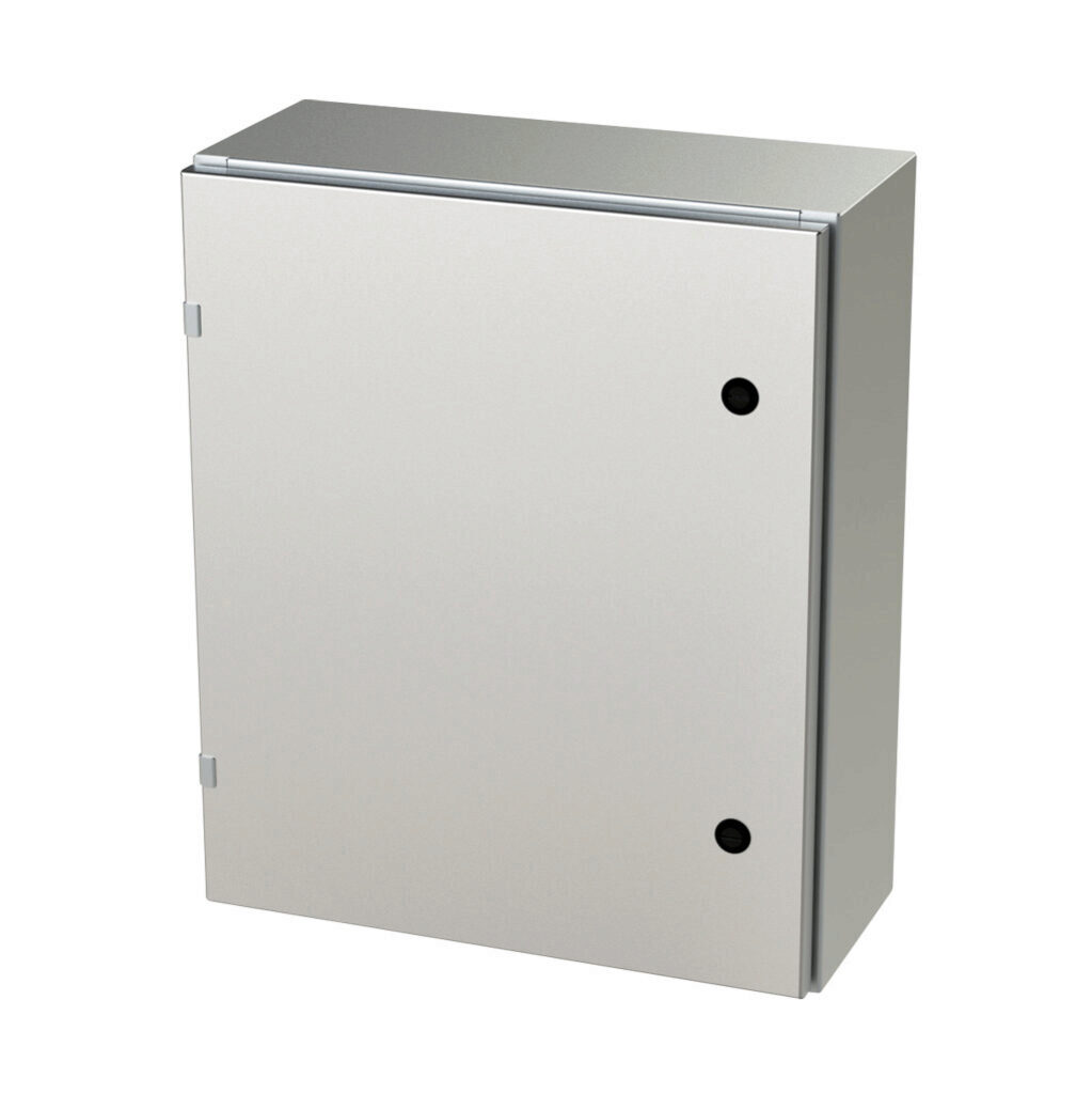 SCE-24EL2008SSLP - Saginaw Enviroline series enclosure, NEMA 3R/4/4X/12/13, 24 x 20 x 8in (HxWxD), wall mount, 304 stainless steel, #4 brush finish, single-door, 1/4-turn semi-flush latch.