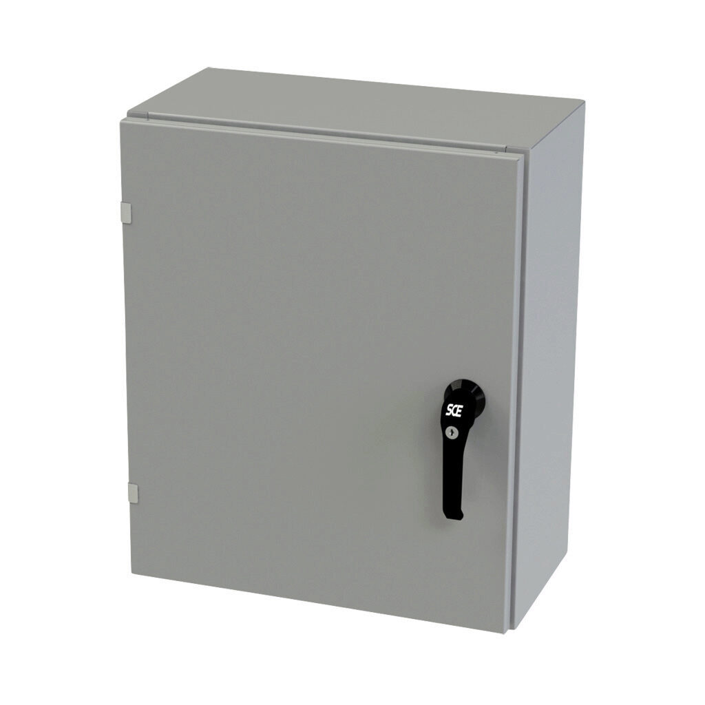 SCE-24EL2010LPPL - Saginaw Enviroline series enclosure, NEMA 3R/4/12/13, 24 x 20 x 10in (HxWxD), wall mount, carbon steel, ANSI 61 gray, powder coat finish, single-door, 3-point keylocking/padlocking combo handle.