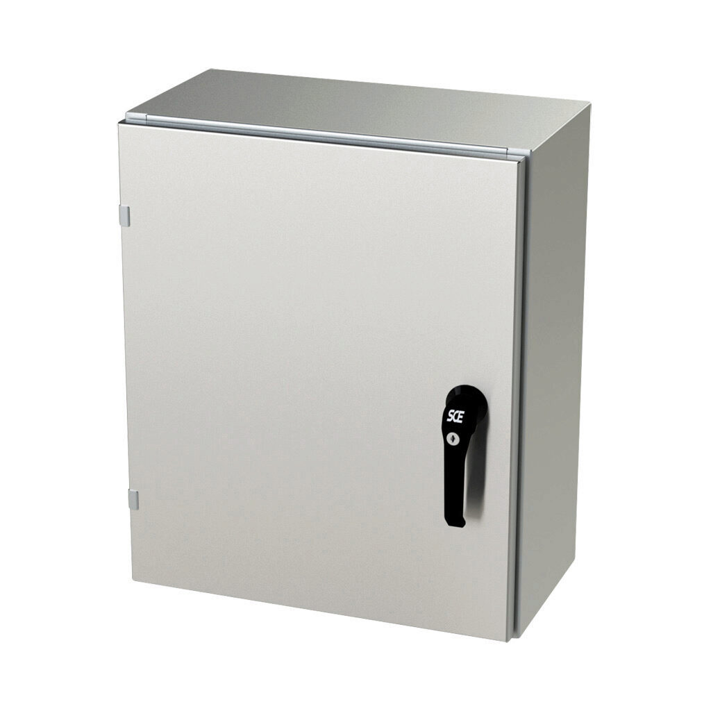 SCE-24EL2010SSLPPL - Saginaw Enviroline series enclosure, NEMA 3R/4/4X/12/13, 24 x 20 x 10in (HxWxD), wall mount, 304 stainless steel, #4 brush finish, single-door, 3-point keylocking/padlocking combo handle.