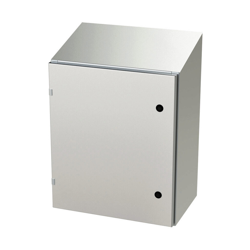 SCE-24EL2012SSST - Saginaw Enviroline series enclosure, slope top, NEMA 3R/4/4X/12/13, 24 x 20 x 12in (HxWxD), wall mount, 304 stainless steel, #4 brush finish, single-door, 1/4-turn semi-flush latch.