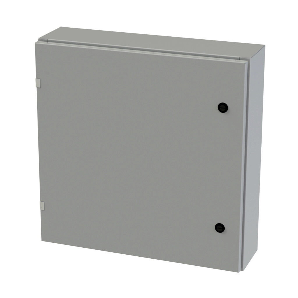 SCE-24EL2406LP - Saginaw Enviroline series enclosure, NEMA 3R/4/12/13, 24 x 24 x 6in (HxWxD), wall mount, carbon steel, ANSI 61 gray, powder coat finish, single-door, 1/4-turn semi-flush latch.