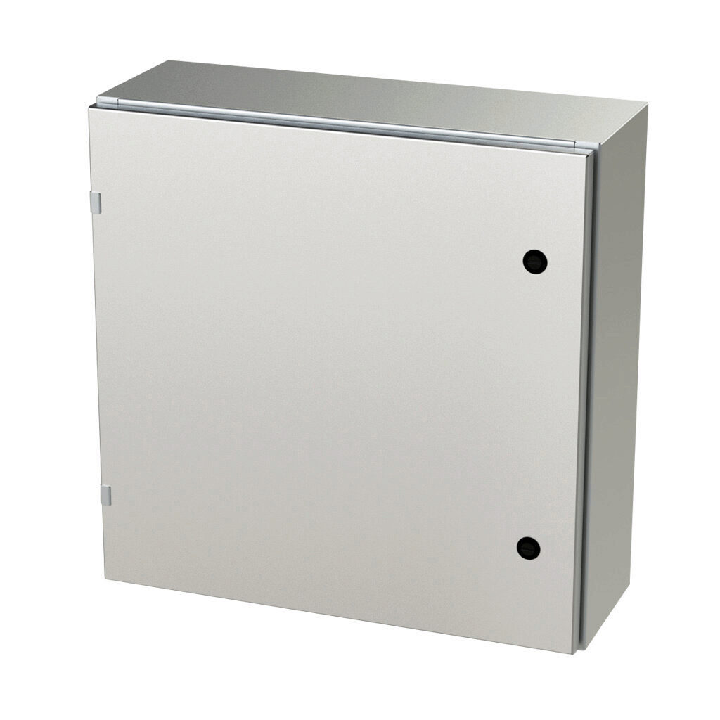 SCE-24EL2408SS6LP - Saginaw Enviroline series enclosure, NEMA 3R/4/4X/12/13, 24 x 24 x 8in (HxWxD), wall mount, 316L stainless steel, #4 brush finish, single-door, 1/4-turn semi-flush latch.