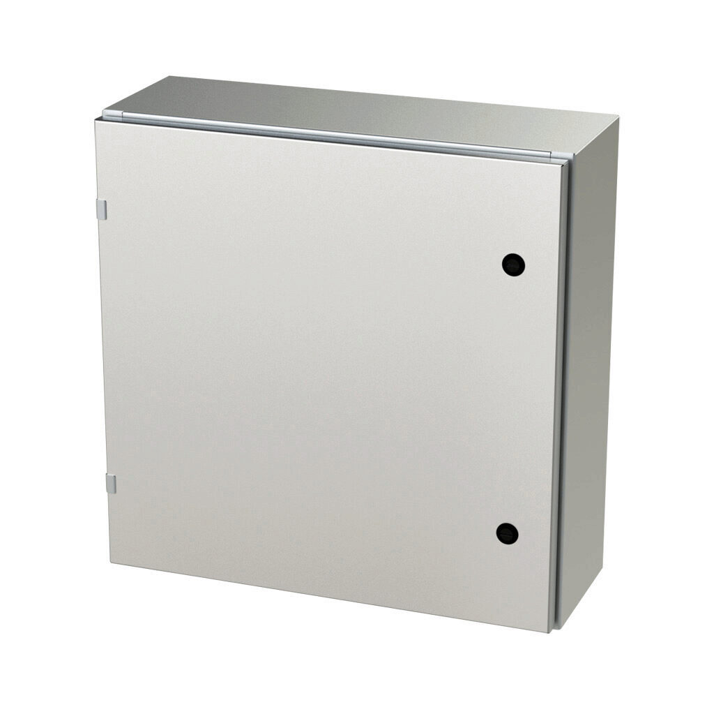 SCE-24EL2408SSLP - Saginaw Enviroline series enclosure, NEMA 3R/4/4X/12/13, 24 x 24 x 8in (HxWxD), wall mount, 304 stainless steel, #4 brush finish, single-door, 1/4-turn semi-flush latch.